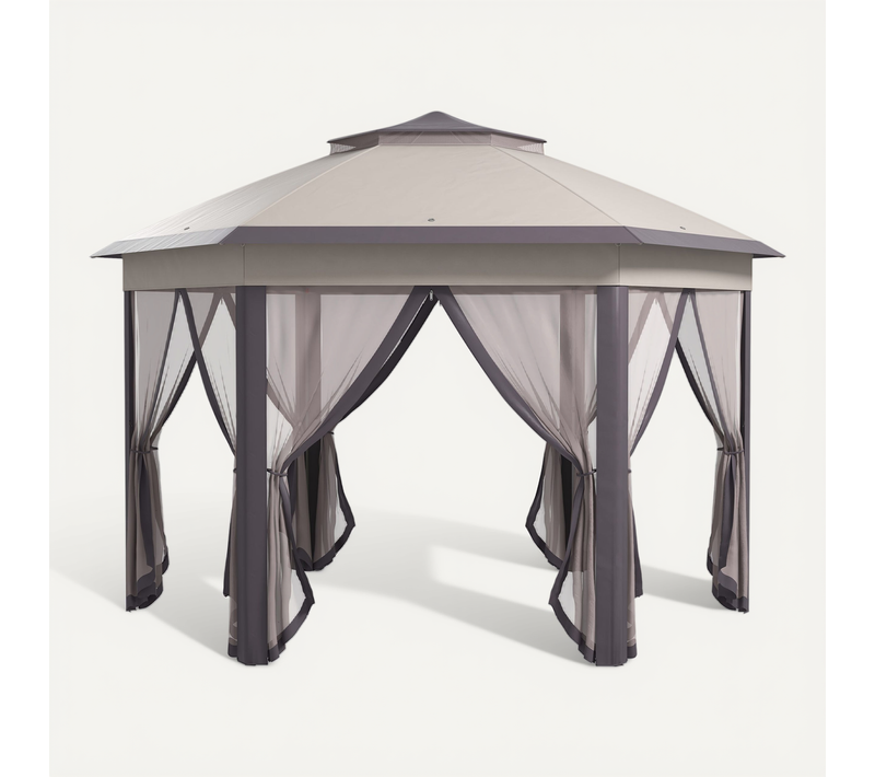 Tente Pliante Métal Polyester - 400x400 Cm Toit Hexagonal 6 Côtés Sac De Transport ,café Et Beige