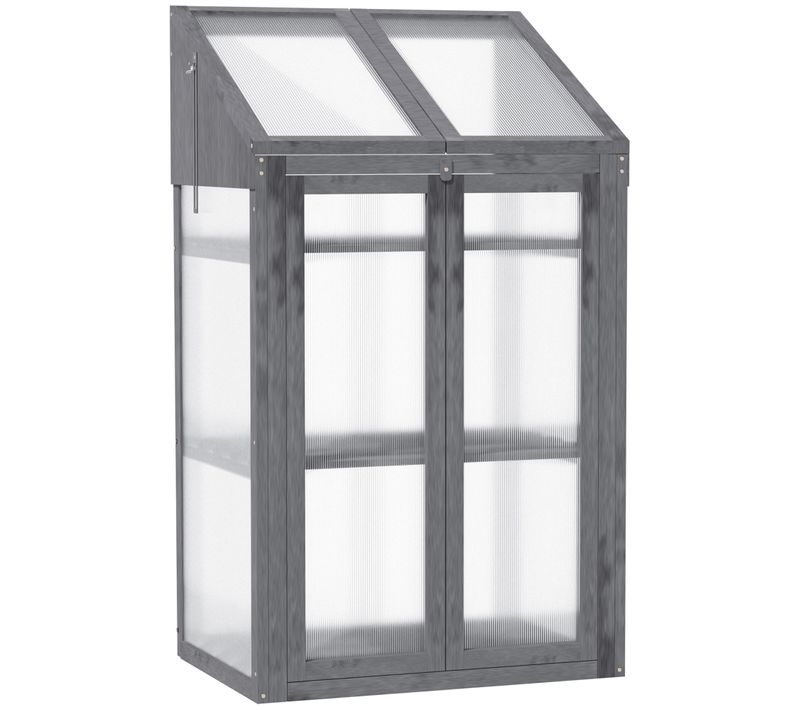 Mini Serre En Bois Avec 3 Étagères, Double Porte, Et Couverture, Gris