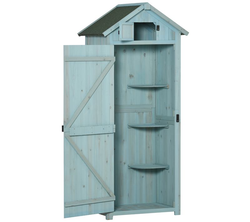 Armoire De Jardin En Bois Avec Étagères Et Fenêtres, Toit En Asphalte, Bleu Clair Et Vert