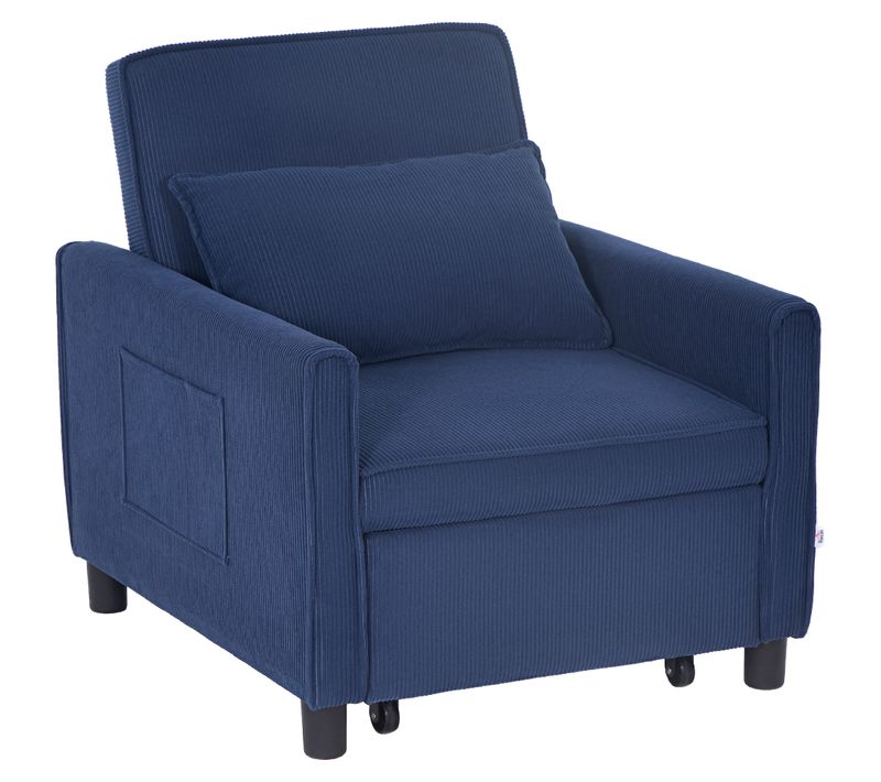 Fauteuil Convertible 3-en-1 En Cord,dossier Réglable,coussin Lombaire,roulettes,poche Latérale,bleu