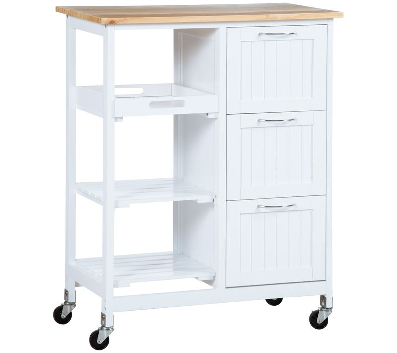 Chariot De Cuisine Avec 3 Tiroirs, 3 Niveaux, Plan De Travail, Rangement, Blanc