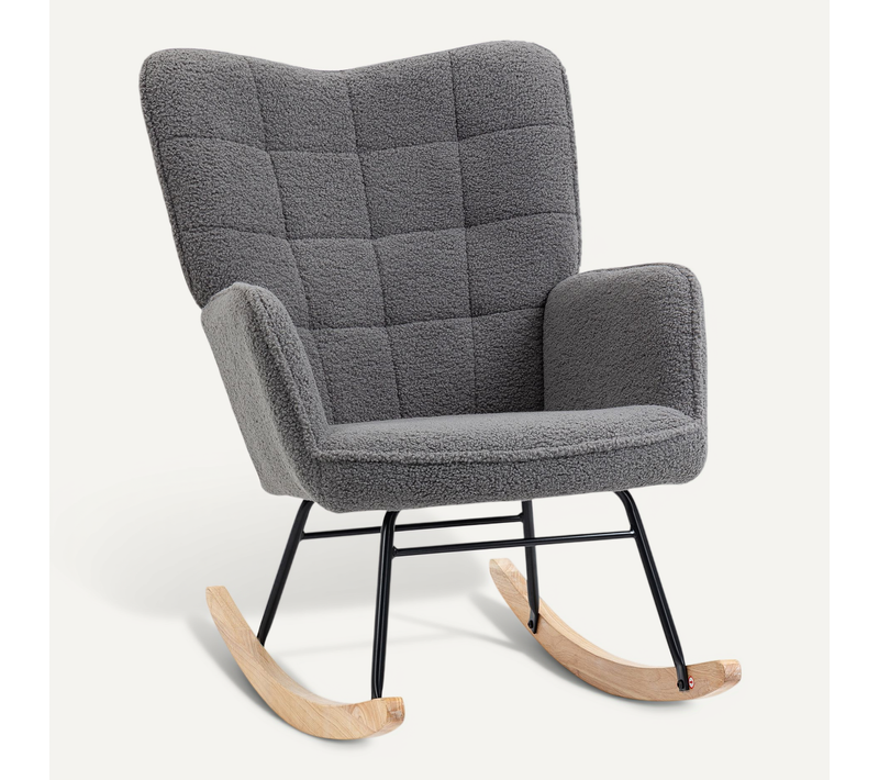 Fauteuil à Bascule, Berbervlies, Accoudoirs, Coussiné, Avec Pieds En Bois, Jusqu’à 120 Kg,gris Foncé