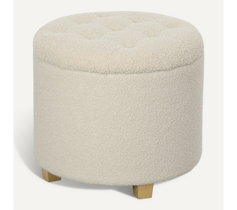 Banc Rond En Tissu Effet Cachemire D.45x41cm, Cadre Bois, Avec Rangement, Crème