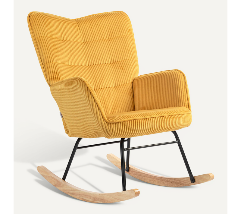 Fauteuil à Bascule, Berbervlies, Accoudoirs, Pieds En Bois, Jaune, Pour Salon