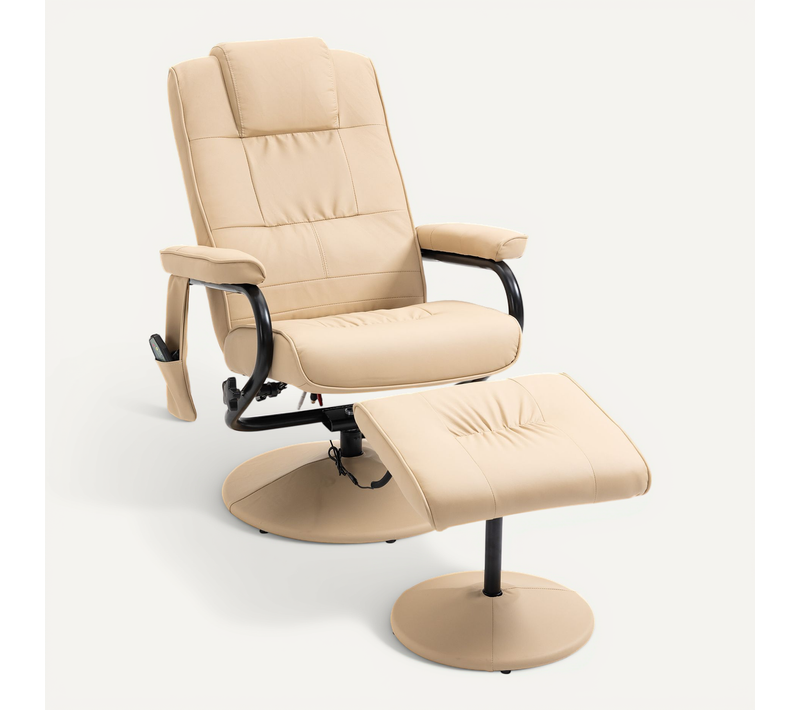 Fauteuil TV En Simili 77x84x95 Cm Avec Massage, Fonction Allongée Et Repose-pieds, Crème