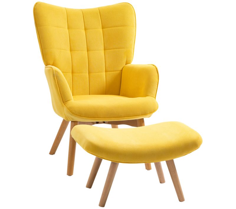 Fauteuil Relax à Oreilles Avec Repose-pieds, Tissu Côtelé, Pieds Bois, Jaune, Salon Confortable