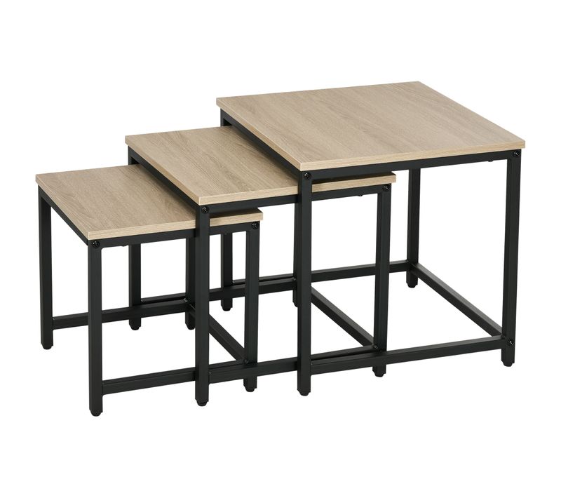 3 Tables Basses Style Industriel, Bois Naturel Et Acier, Pour Salon Ou Canapé