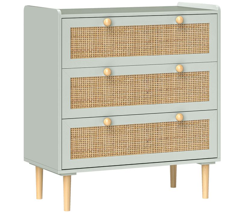 Commode En Bois Avec 3 Tiroirs, Style Boho, Effet Rotin, Bleu Clair 80 X 40 X 87,5 Cm