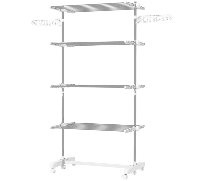 Séchoir à Linge Mobile En Abs Pliable Avec 4 Niveaux, Roulettes, Ailettes, Blanc