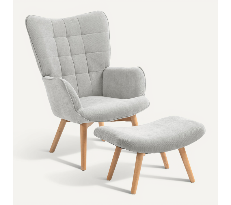 Fauteuil Oreiller En Tissu Côtelé, Avec Repose-pieds, Accoudoirs Bois, Pour Salon, Gris