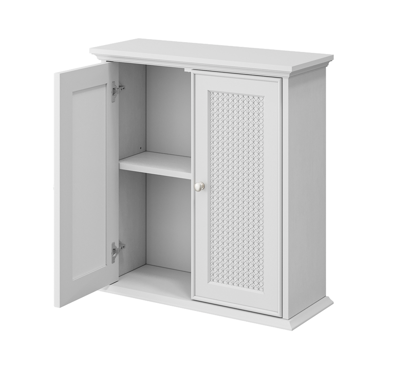 Armoire De Salle De Bain Murale Blanche En Bois Avec Portes En Osier, Étagères Ajustables