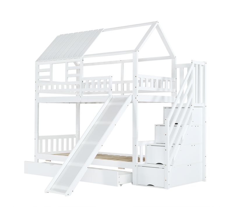 Lit Superposé Bois Mdf 90x200 Avec Escalier Rangement Tiroirs étagères Enfant ,  Blanc