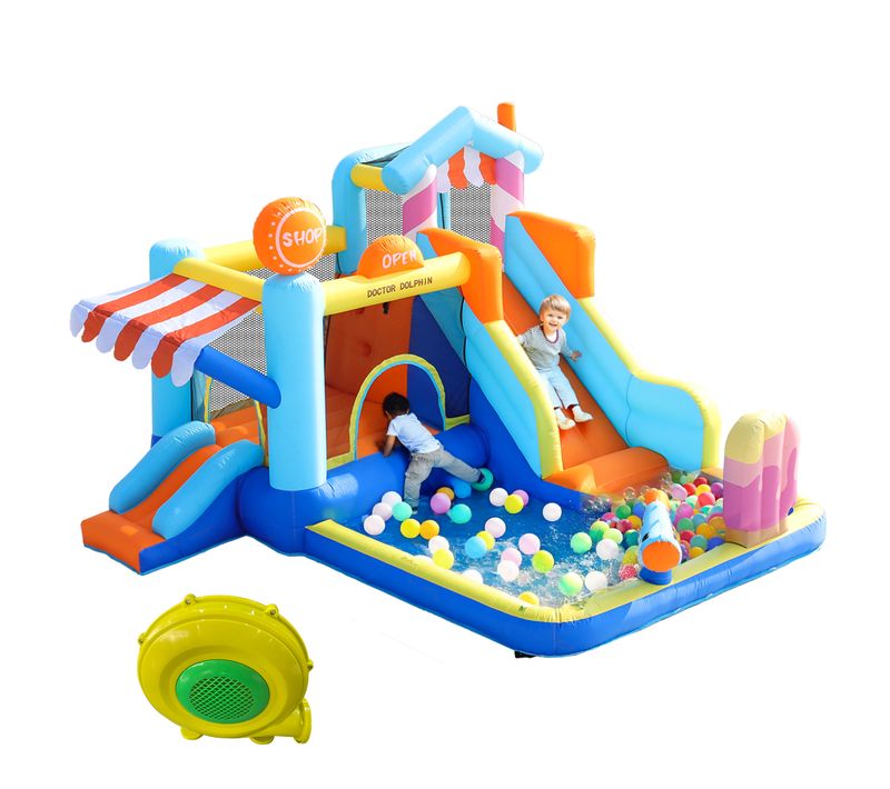 Aire De Jeux Pour Enfants Multifonctionnel En Pvc Avec Toboggan Et Aspergeurs, Inclus Souffleur 450w
