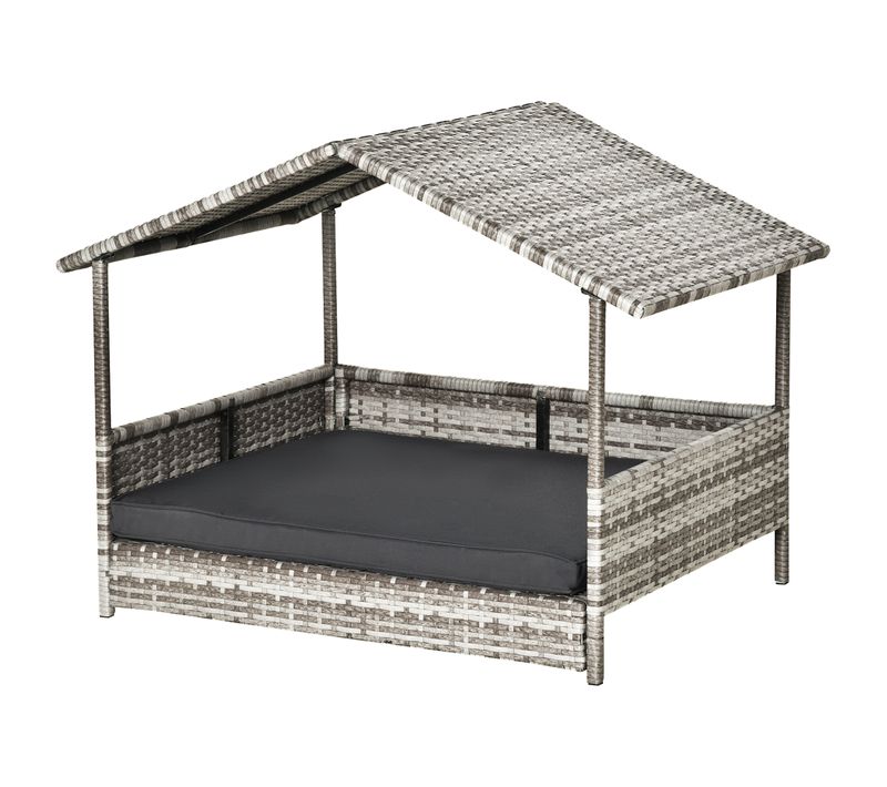Maison Pour Chien En Osier Avec Coussin, Abri Extérieur Avec Cadre En Acier, Gris