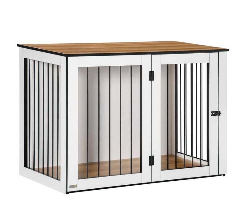 Cage Pour Chien En Bois Aggloméré, Avec Portes Verrouillables, 106x60x76cm, Noyer Foncé Et Blanc