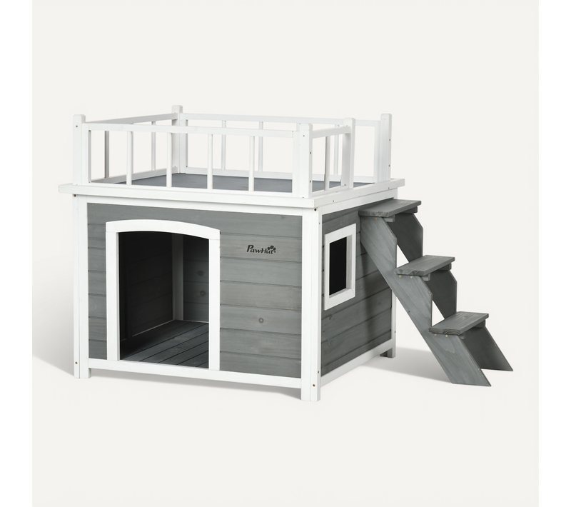 Maison Pour Chien En Bois De Pin Avec Balcon Et Escalier, Adaptée Pour Chiens Moyens Et Grands