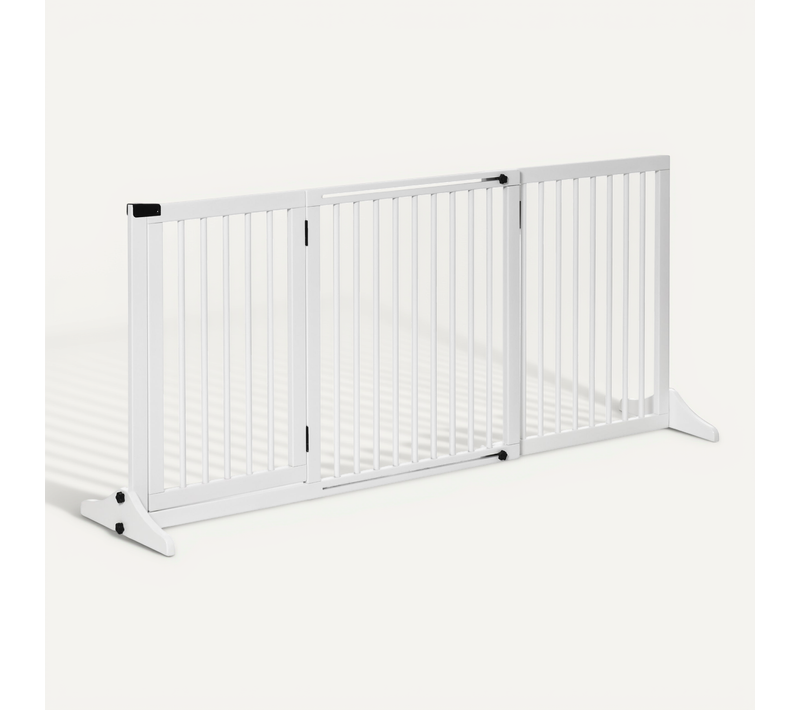 Barrière De Sécurité Pour Chiens En Bois, Freestanding Avec Porte, 113-166x36x71cm, Blanc