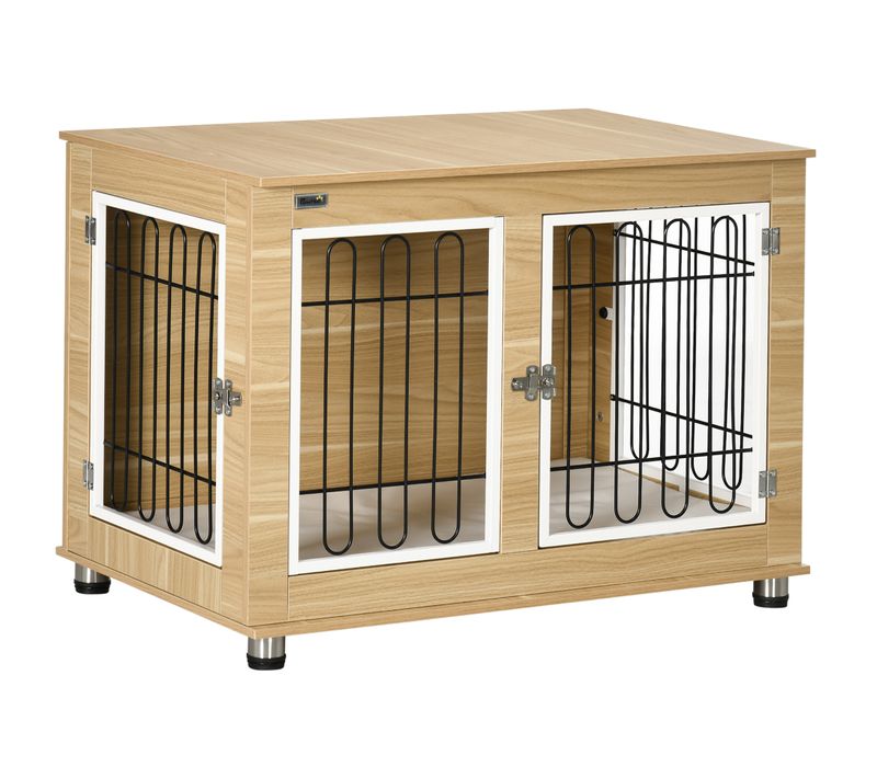 Cage à Chien En Chêne Avec Table, Double Portes, Coussin, Intérieur Et Extérieur