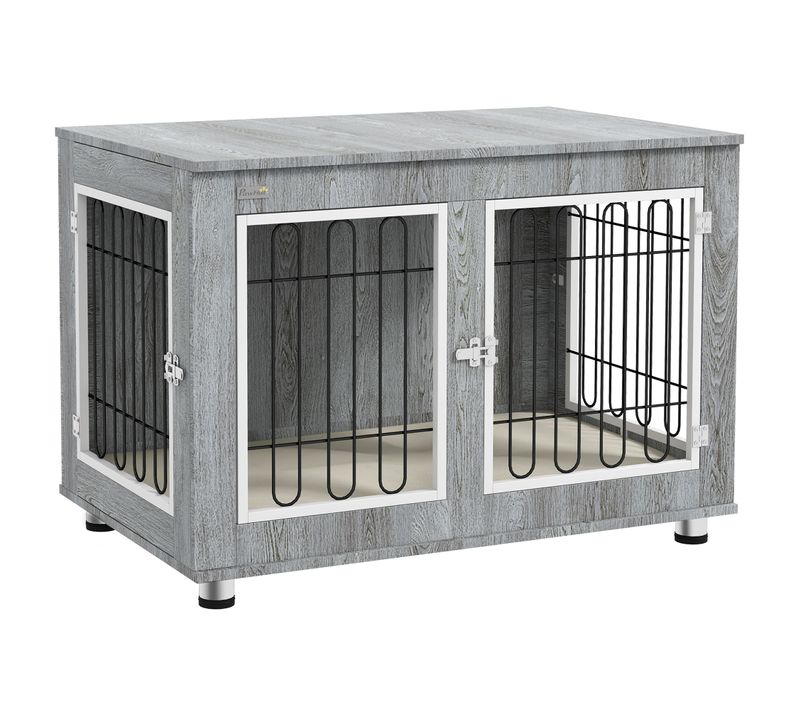 Cage Pour Chien En Métal Avec Coussin, 2 Verrous, Portes Doubles, Gris, 90 X 58 X 65 Cm