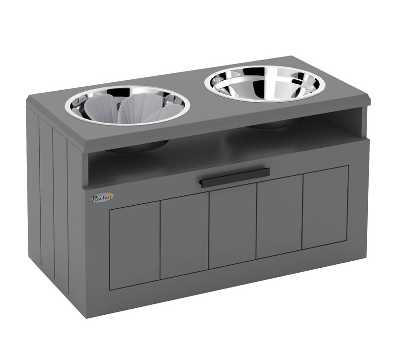 Distributeur De Nourriture En Acier Inoxydable Avec 2 Bols, Tapis Anti-glouton,rangement De 25l,gris