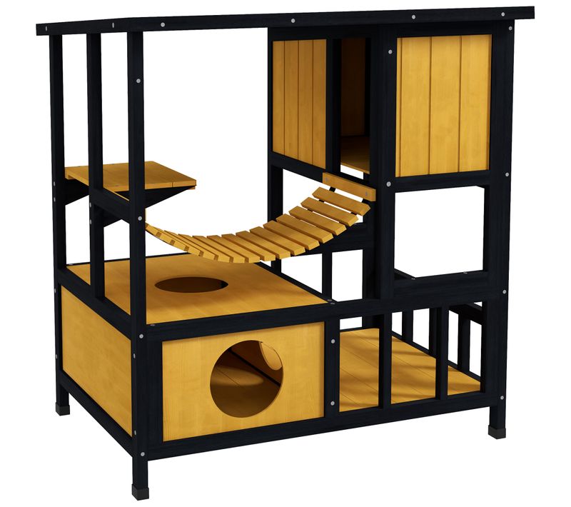 Maisonnette Pour Chats En Bois Avec Pont Suspendu Et Balcon Étanche, Jaune
