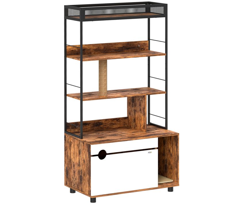 Cat Litter Cabinet En Bois Avec 3 Niveaux, Griffoir Et Porte Rabattable, Rustique Brun