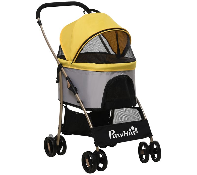 Chariot Pour Chien 2-en-1 En Tissu Oxford Avec Coussin, 4 Roues, Fenêtre En Mesh, Jaune