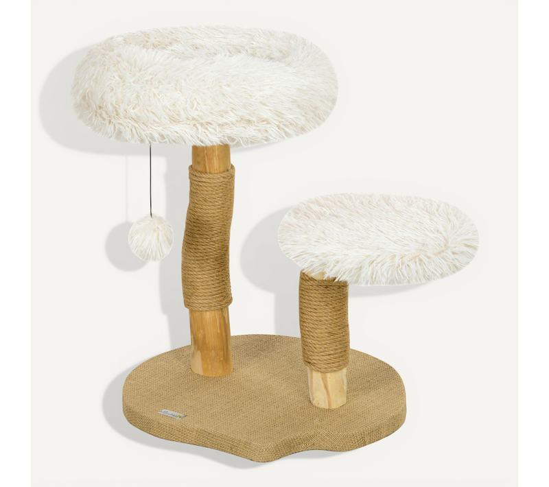 Arbre à Chat En Bois De Poirier 61,5 Cm Haut Avec Balle, Lits Et Griffoir, Blanc