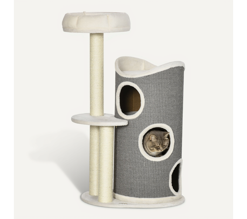 Arbre à Chat 109cm En Bois Avec Tonneau En Sisal Et Lit, Blanc Gris