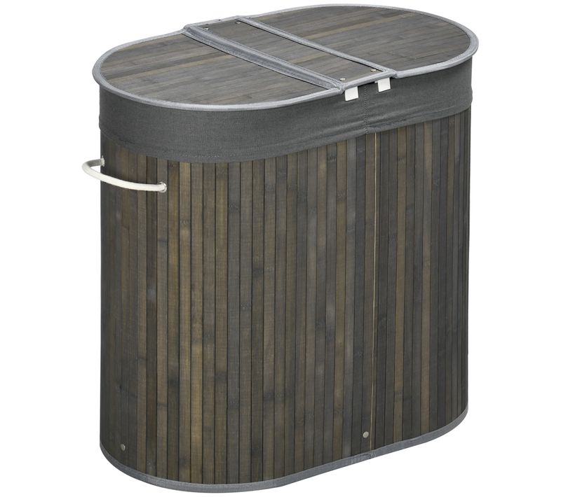 Panier à Linge 100l En Bambou Avec Couvercle, 2 Sacs Amovibles, Pour Salle De Bain, Gris