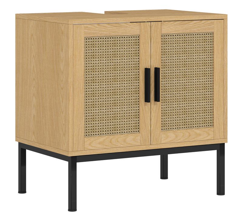 Meuble Sous Vasque En Bois D'eucalyptus Avec Espaces De Rangement, Effet Rotin, 60 X 39 X 60 Cm