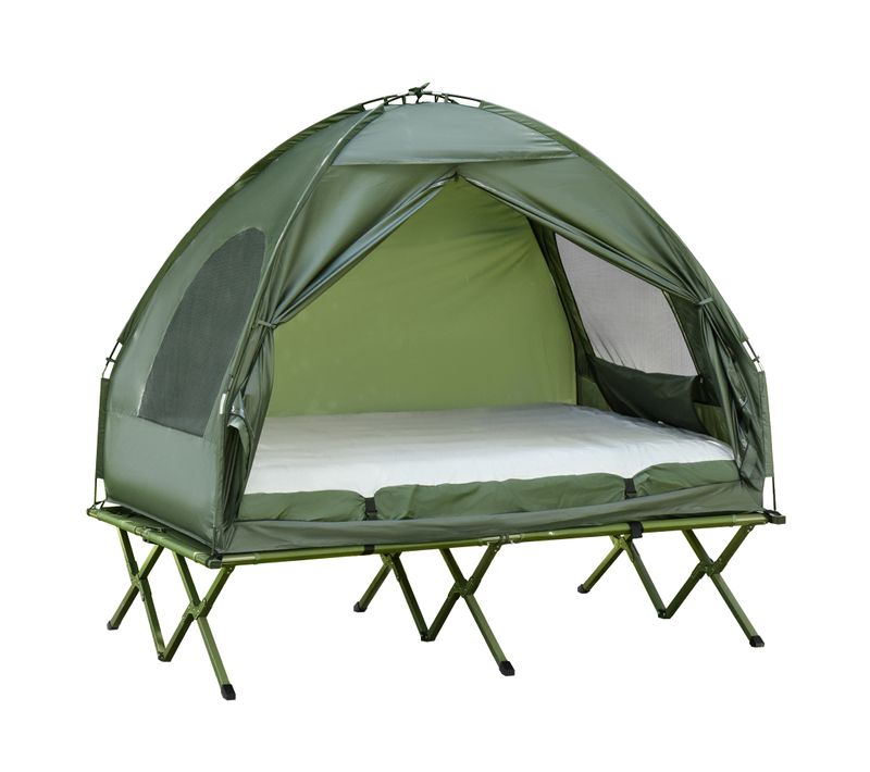 Lit De Camping Surélevé En Taffetas Avec Tente Dôme Et Matelas Pneumatique, Vert