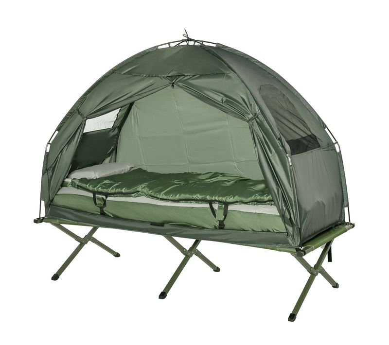 Lit De Camping 4 En 1 En Tissu Imperméable Avec Tapis De Sol, Sac De Couchage, Matelas, Vert