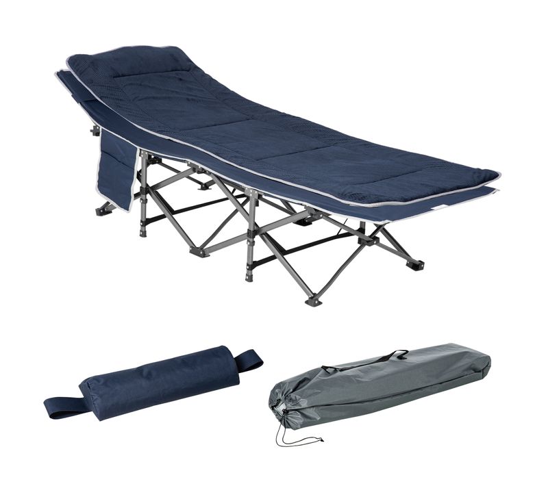 Lit De Camping Pliable En Oxford Avec Matelas, Coussin Et Poches 180x60, Bleu Foncé