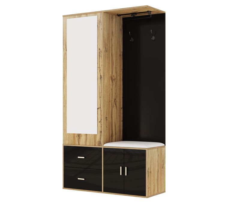 Armoire En Bois Avec Miroir, Meuble à Chaussures, Banc à Chaussures Et Cintres Extensibles