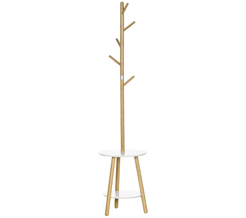 Porte-manteau En Bois Naturel Et Blanc Avec 5 Crochets Et Table D'appoint, 171 Cm