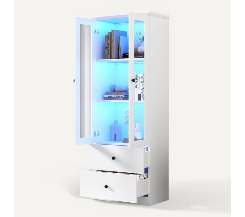 Vitrine LED Moderne En Mdf Avec 2 Tiroirs, Portes Battantes Et étagères Réglables, Blanc Mat