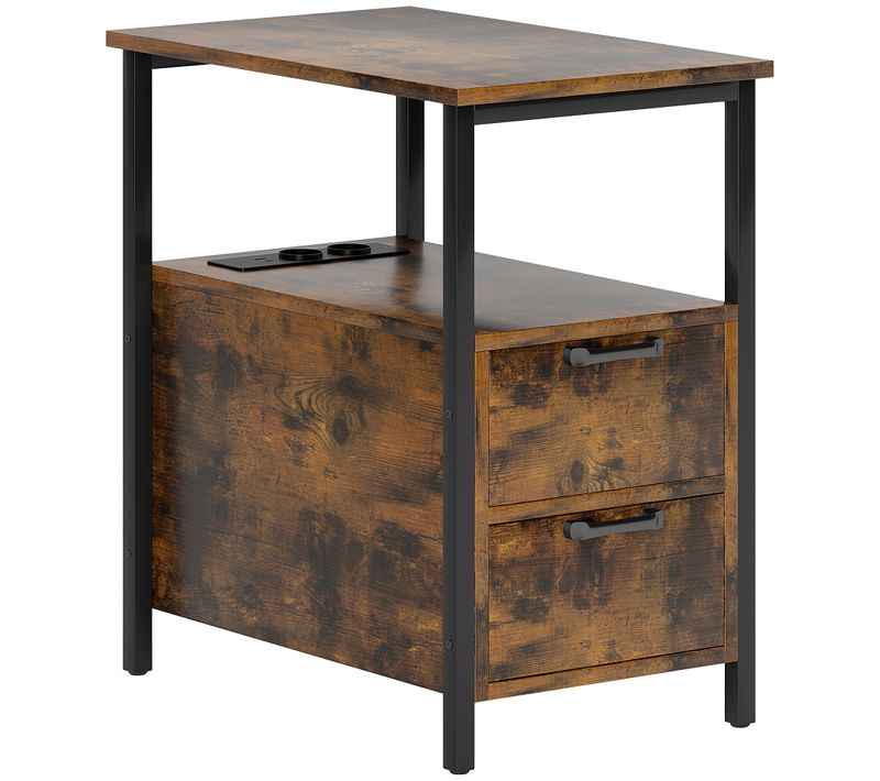 Table D'appoint Rustique En Bois Avec Station De Charge, USB Et Prises, 2 Tiroirs