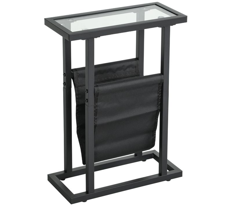Table D'appoint Métal Avec Plateau En Verre Et Sac En Tissu, Noir, 40 X 18 X 55,5 Cm
