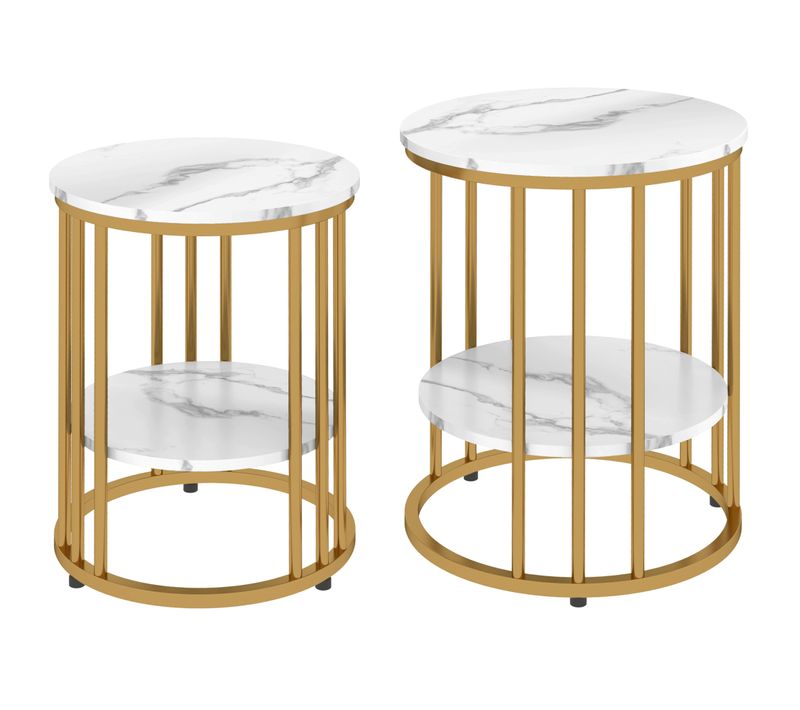 Table Basse Ronde En Set De 2, Cadre En Acier, Style Marbre, Blanc