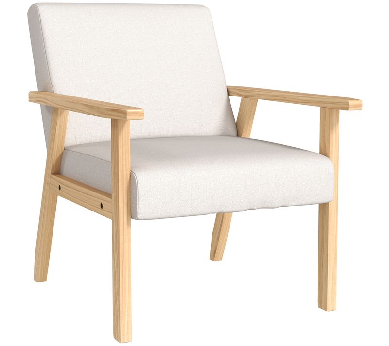 Fauteuil Lounge Avec Accoudoirs En Lin, Fauteuil De Relaxation, Cadre En Bois Massif, Crème