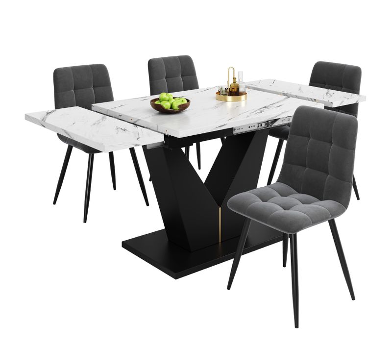 Ensemble De Table à Manger 5 Pièces, Dessus En Marbre Blanc, Pieds Noirs, Chaises En Velours Gris