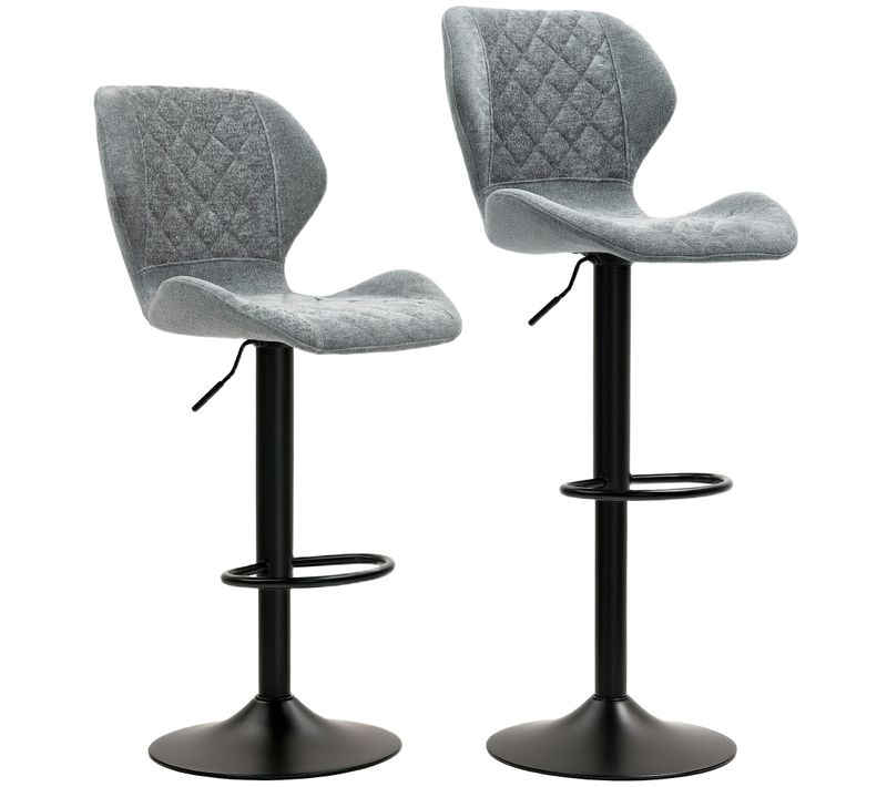 Set De 2 Tabourets De Bar, Acier Et Chenille, Avec Dossier,réglables 360° Et Repose-pieds,gris Foncé