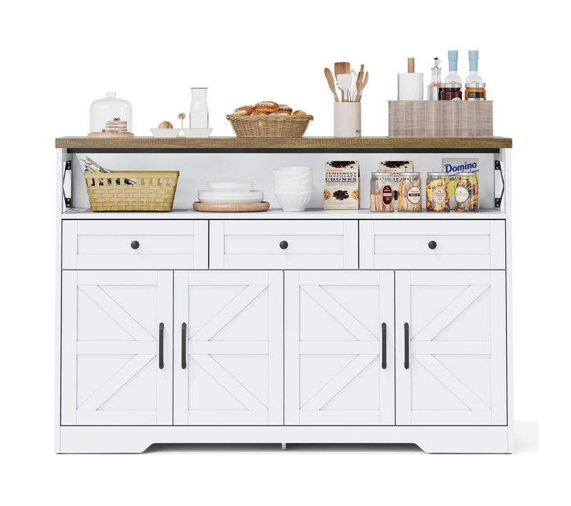 Buffet 140cm En Bois Avec Rangement, Bar à Café, 3 Tiroirs, Style Rustique, Blanc/marron