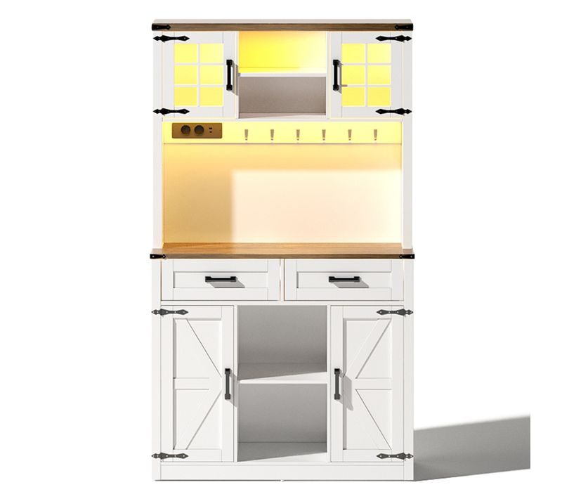 Buffetschrank En Bois Avec Éclairage LED Et Prises, Design De Porte De Grange, Blanc