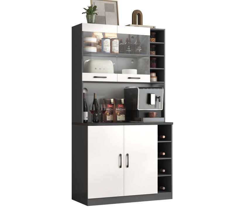 Buffet En Bois Avec Éclairage LED, Haute Étagère Pour Cuisine, Espace Pour Micro-ondes