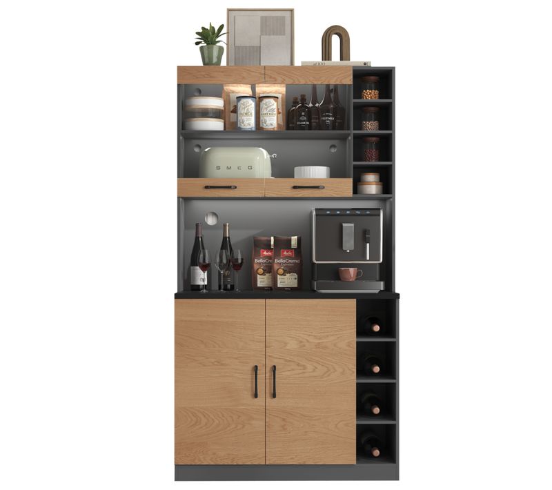 Buffet En Bois Avec Éclairage LED, Câbles Et Rayonnages Ajustables, Freestanding