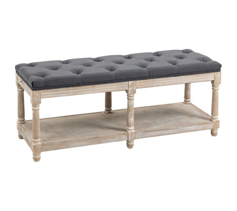 Banc De Rangement Avec Assise Rembourrée En Tissu Lin, Pieds En Bois, Gris