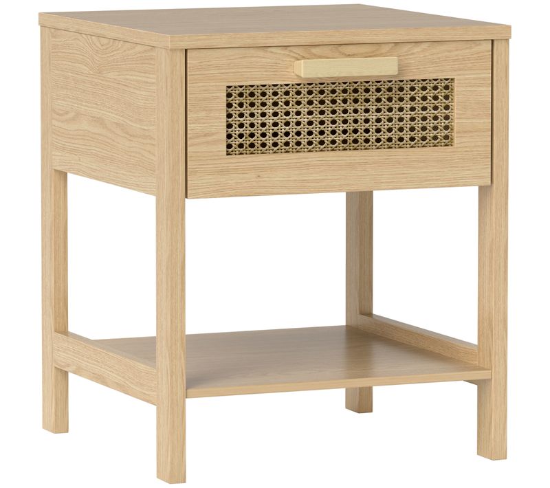 Chevet Nuit En Bois Naturel Avec Tiroir Et Étagère Ouverte, Design En Rotin