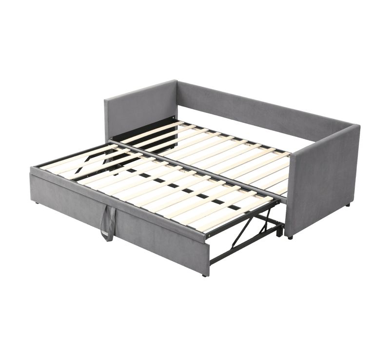 Lit Enfant En Velours Doux 90/180*200 Cm Avec Sommiers à Lattes, Multifonction, Gris